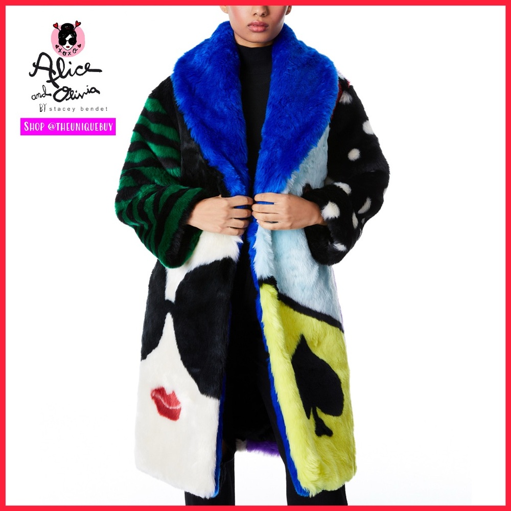 Alice + Olivia Yetta Stace Face Emerald Black Sapphire Multi Faux Fur Coat